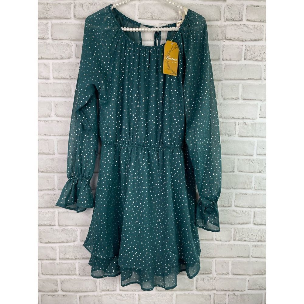 Andree Women's Green Star Print Balloon Sleeves Tie Back Mini Dress Size Medium